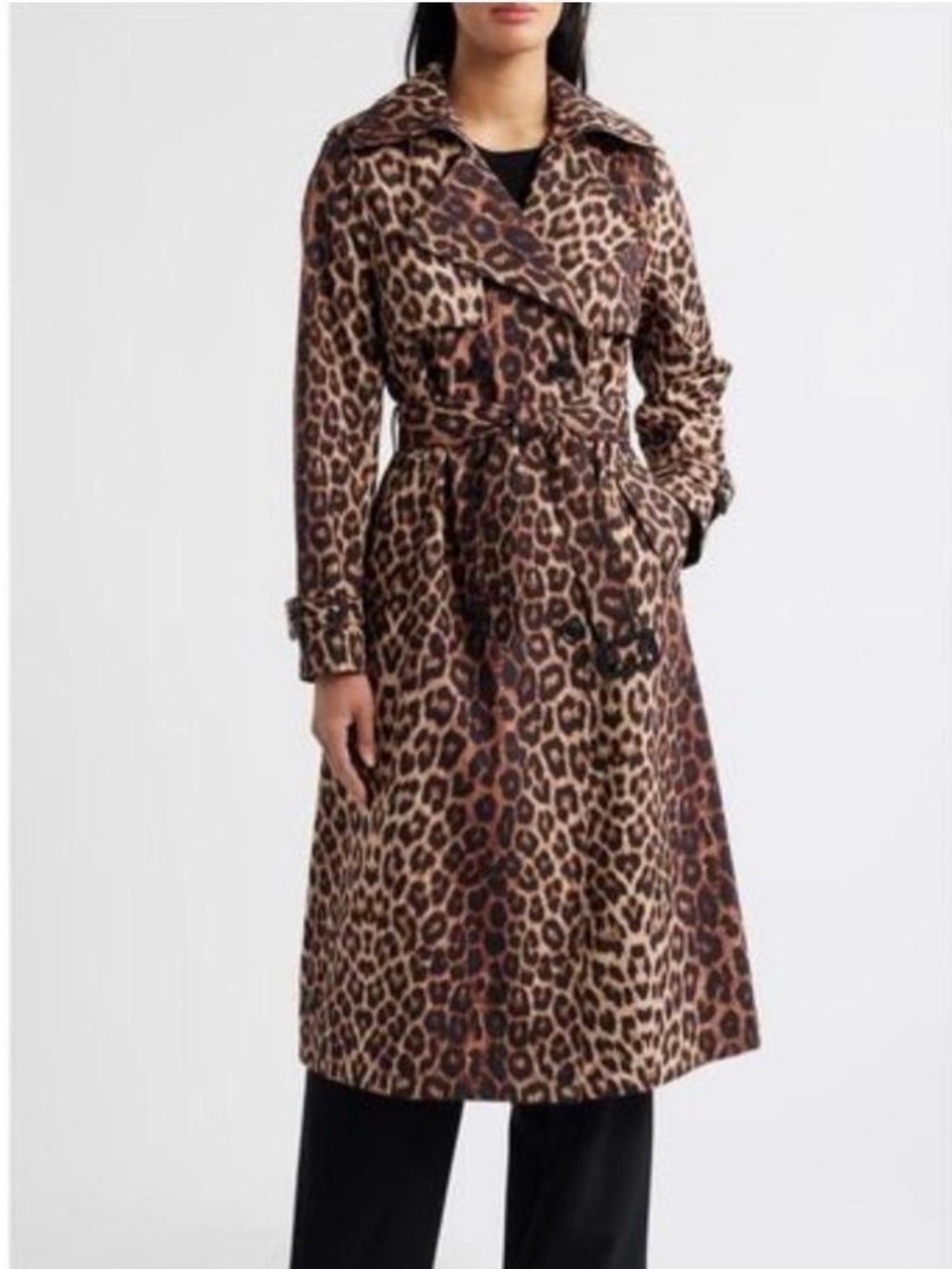 BCBGMAXAZRIA Leopard Double Breasted Trench Coat
